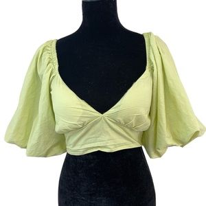 green pretty little thing puff sleeve top, padded v neck, corset tie back